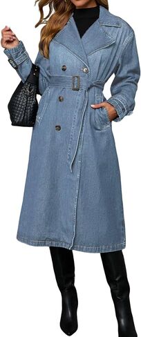 loveimgs Women Vintage Double Breasted Mid Long Denim Jacket Jean Trench Coat Duster Blazer Jacket Windbreaker Belt in Saudi Arabia