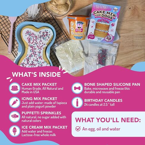 Puppy Cake Dog Birthday Cake Kit, All Natural Fluffy & Moist Dog Cake with Pupfetti Sprinkles, Maple Bacon Ice Cream, Blue Bone Silicone Pan and 24 Candles, Made in USA in Kuwait