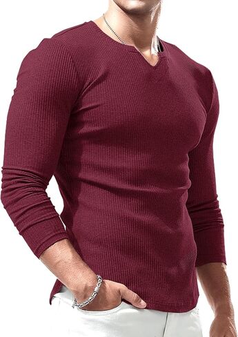 Lehmanlin Mens Muscle T Shirts Long&Short Slim Fit V-Neck Tee Casual Stretch Ribbed Athletic Top in Kuwait