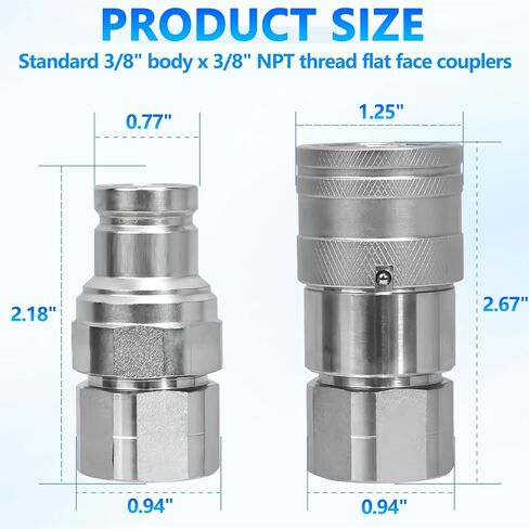 1/2’’ NPT Flat Face Hydraulic Quick Connect Couplers/Couplings with Dust Caps, The Universal Bobcat Flat Face Quick Connect Fittings with with 1/2’’ Body ISO 16028 Standard-2Set in Kuwait