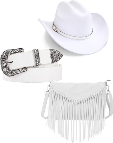 3 Pcs Western Cowgirl Outfit Accessories Set for Women, PU Leather Crossbody Tassel Purse Cowboy Hat Belt with Vintage Style Black in Saudi Arabia