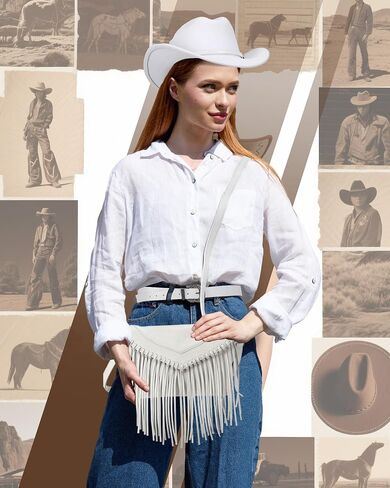 3 Pcs Western Cowgirl Outfit Accessories Set for Women, PU Leather Crossbody Tassel Purse Cowboy Hat Belt with Vintage Style Black in Saudi Arabia