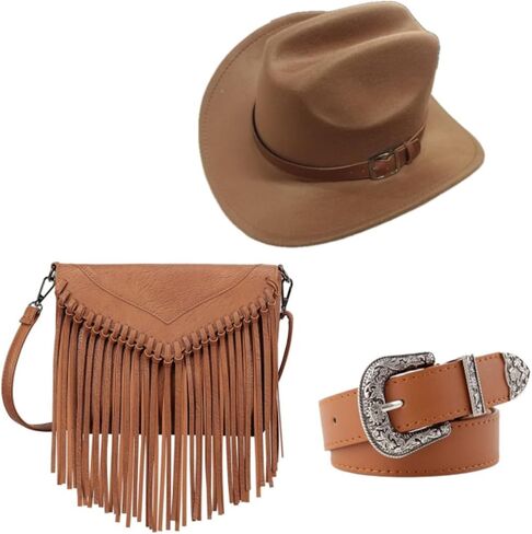 3 Pcs Western Cowgirl Outfit Accessories Set for Women, PU Leather Crossbody Tassel Purse Cowboy Hat Belt with Vintage Style Black in Saudi Arabia
