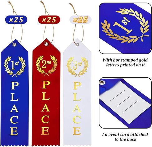 180 Pieces Award Ribbons 1st, 2nd, 3rd Place Flat Carded Set First Place Prizes with Event Card and Rope for Competition, Sports Event, School, Contests, Blue Red White in Kuwait