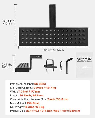 VEVOR Hitch Step لجهاز استقبال 2 بوصة، هيكل فولاذي قوي بسعة تحميل 350 رطل، واقي واقي من الصدمات الخلفي مع قفل دبوس ومثبت، مناسب عالمي للشاحنة، وسيارات الدفع الرباعي، والبيك أب، والمقطورة in Kuwait