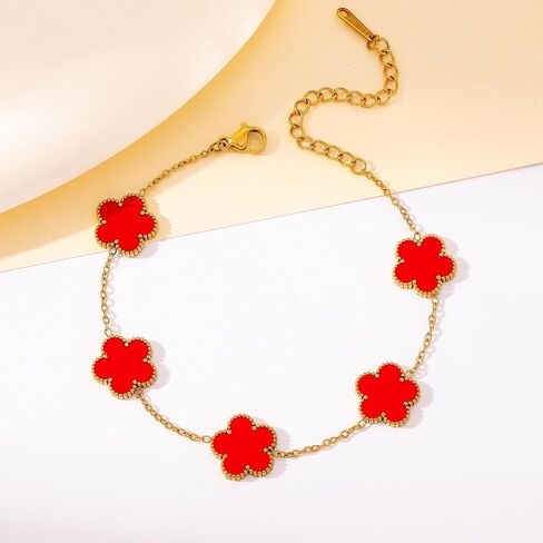 Five Leaf Clover Bracelet for Women-18K Gold Plated Lucky Link Grass Bracelets Stainless Steel White/Black/Blue/Gold/Crystal Flower Trendy Jewelry Gifts in Saudi Arabia
