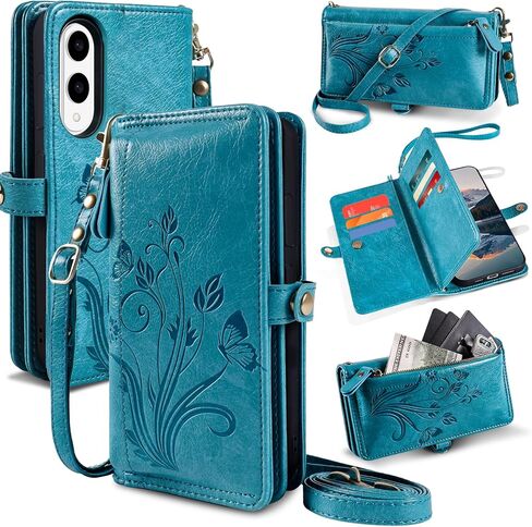 Lacass for Samsung Galaxy S25 Edge Case Wallet ، [Cards Scan Scan Protection] Card Zipper Leather Flip Cover Cover Crossbody with Stand (Gloral Cyan Green) in Saudi Arabia