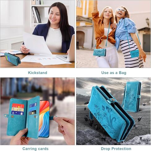 Lacass for Samsung Galaxy S25 Edge Case Wallet ، [Cards Scan Scan Protection] Card Zipper Leather Flip Cover Cover Crossbody with Stand (Gloral Cyan Green) in Saudi Arabia