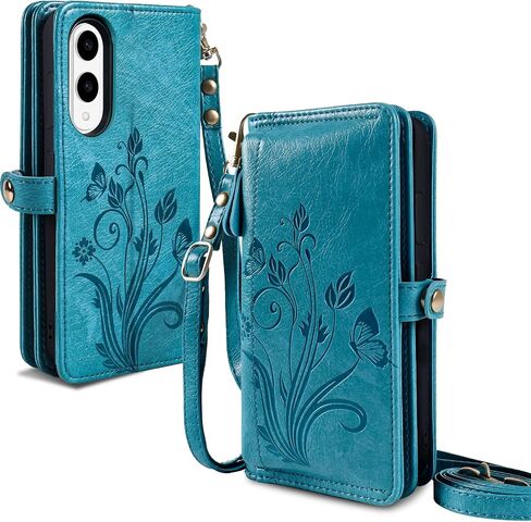Lacass for Samsung Galaxy S25 Edge Case Wallet ، [Cards Scan Scan Protection] Card Zipper Leather Flip Cover Cover Crossbody with Stand (Gloral Cyan Green) in Saudi Arabia