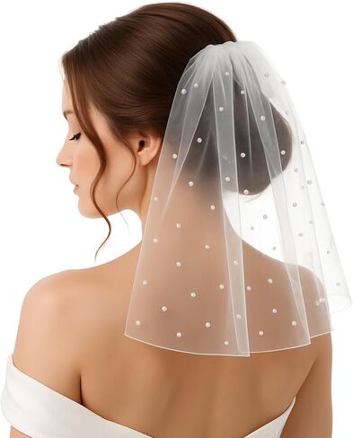 White Short Wedding Veil Short Bridal Veil Rhinestone Bride Veils Women's Short Vails with Rhinestone Bachelorette Party Veil Elegant Tulle Layer Veil for Brides and Women, 40cm/15.7" in Saudi Arabia
