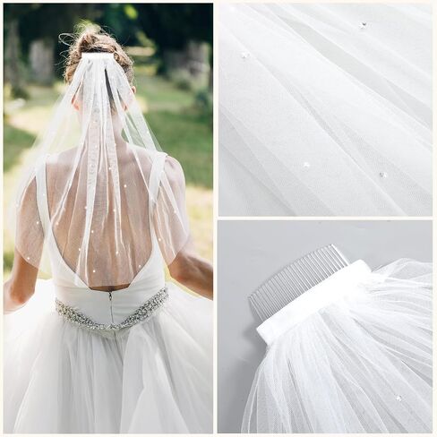 White Short Wedding Veil Short Bridal Veil Rhinestone Bride Veils Women's Short Vails with Rhinestone Bachelorette Party Veil Elegant Tulle Layer Veil for Brides and Women, 40cm/15.7" in Saudi Arabia