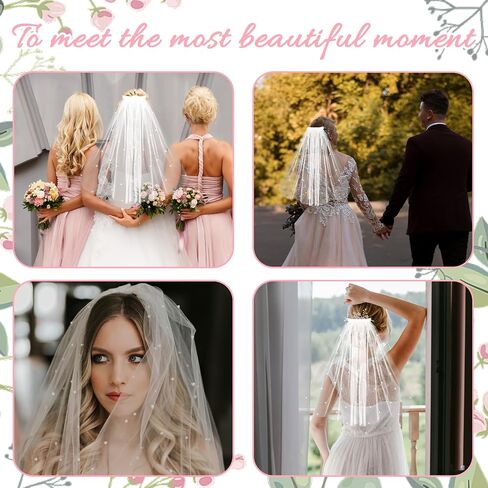 White Short Wedding Veil Short Bridal Veil Rhinestone Bride Veils Women's Short Vails with Rhinestone Bachelorette Party Veil Elegant Tulle Layer Veil for Brides and Women, 40cm/15.7" in Saudi Arabia