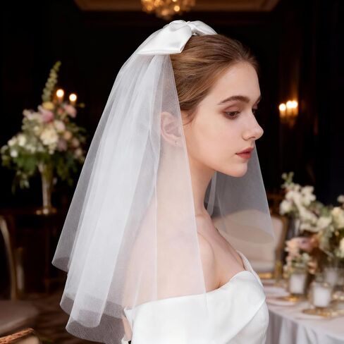 White Short Wedding Veil Short Bridal Veil Rhinestone Bride Veils Women's Short Vails with Rhinestone Bachelorette Party Veil Elegant Tulle Layer Veil for Brides and Women, 40cm/15.7" in Saudi Arabia