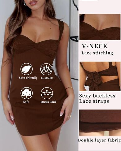Summer Mini Dresses for Women Sleeveless Sexy V Neck Backless Lace Splicing Cocktail Party Straps Bodycon Dress in Kuwait