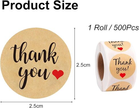 1 Rolls/500Pcs Thank You Stickers Self Adhesive Kraft Paper Label Stickers for Gift Wrapping Baking Wedding Birthday Party Christmas, 25mm in Saudi Arabia