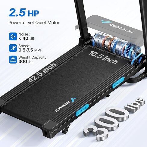 MERACH Foldable Treadmill with Incline, 7.5MPH Quiet Treadmills for Home with Double Deck Technology, 4 Silicone Shock Cushion, Heart Rate Monitoring,16.5" Wider Belt, APP in Kuwait