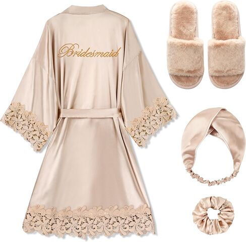 Eplaza 4 PCS Bride Reto for Wedding Day Set Bridal Robe with Slippers Lace Trim Wedding Robe for Bridal Bachelorette Party in Saudi Arabia