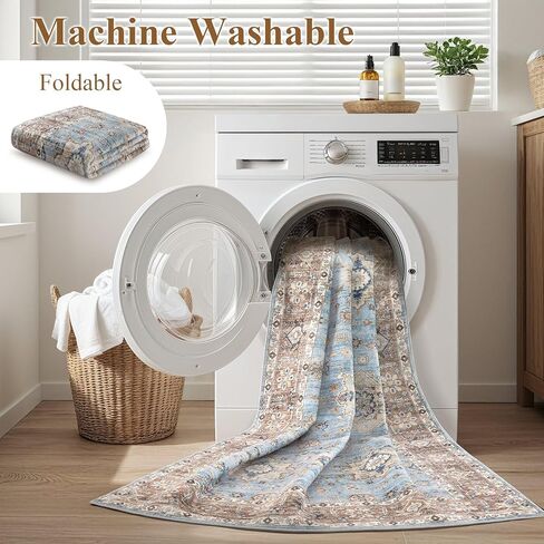 Area Rugs for Living Room: 10x14 Washable Rug Vintage Pattern Large Non-Slip Stain Resistant Soft Durable Floor Carpet for Bedroom, Dining Room, Home Office - Blue in Kuwait