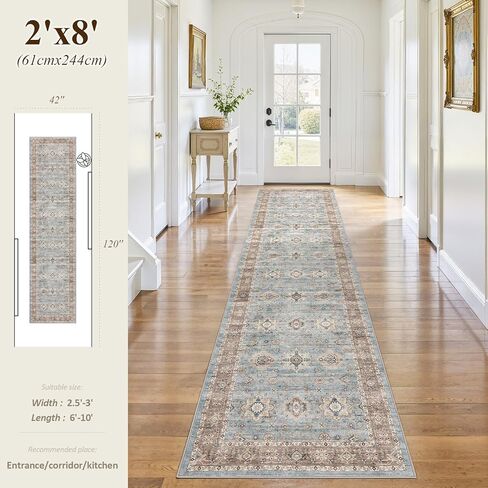Area Rugs for Living Room: 10x14 Washable Rug Vintage Pattern Large Non-Slip Stain Resistant Soft Durable Floor Carpet for Bedroom, Dining Room, Home Office - Blue in Kuwait