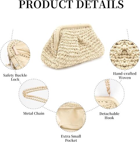 Colorblock Straw Clutch Purses - Straw Crossbody Bags for Women Woven Purse Beach Handbags Cloud Dumpling Pouch Beige in Saudi Arabia
