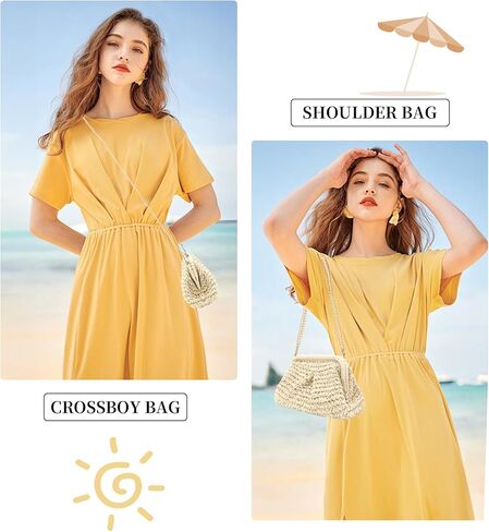 Colorblock Straw Clutch Purses - Straw Crossbody Bags for Women Woven Purse Beach Handbags Cloud Dumpling Pouch Beige in Saudi Arabia
