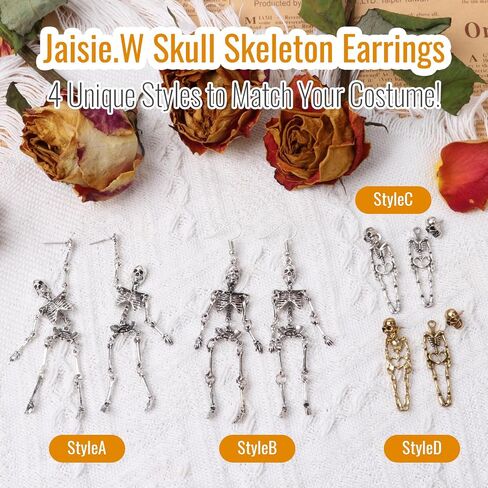 Jaisie.W أقراط الهالوين فضية، أقراط هيكل عظمي للنساء - أقراط جمجمة/أقراط مخيفة/أقراط هيكل عظمي متدلية (زوج واحد، فضي) in Saudi Arabia