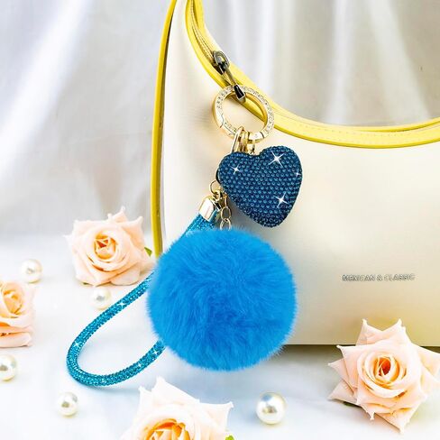 Cute Heart Keychains for Women & Girls, Bling Bag Charms with Wristlet Keys, Purse Charms for Handbags, Pompom Key Chain in Kuwait