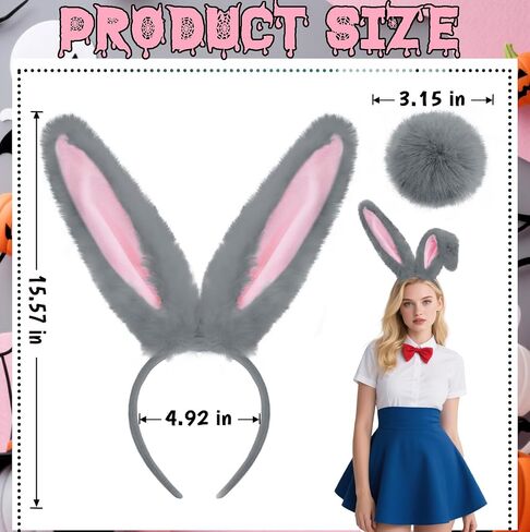 Dokeawo Bunny Ears Headband & Bunny Tail Set for Bunny Costume Kids Adult- Pink & White Bunny Ears Headbands, Bunny Dress Up Accessories for Easter Halloween Party Supplies in Kuwait