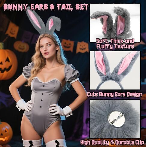 Dokeawo Bunny Ears Headband & Bunny Tail Set for Bunny Costume Kids Adult- Pink & White Bunny Ears Headbands, Bunny Dress Up Accessories for Easter Halloween Party Supplies in Kuwait