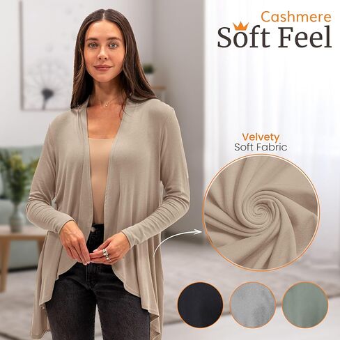 Happyluxe Lightweight Cardigan Sweaters for Women - Eco Cashmere Cardigan with Pockets. Long, Open Front - Made in USA in Kuwait