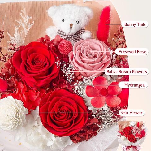 Forever Flower Bouquet Flowers for Delivery Prime Preserved Roses with Bear Gift Box for Wife Women Mother Day Anniversary Birthday in Saudi Arabia