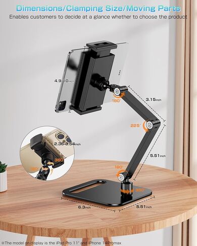 حامل حامل اللوحي لأجهزة iPad ، حامل حامل مراقب محمول 15.6 '' ، 17.3 '' ، حامل ذراع من ألومنيوم قابل للطي مع 360 ° دوار in Kuwait