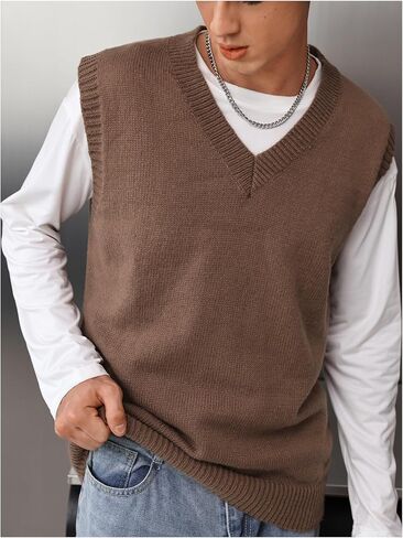 Shenhe Men's v الرقبة بلا أكمام ستر سترة ناعمة سترة سبيبر preppy أعلى in Saudi Arabia