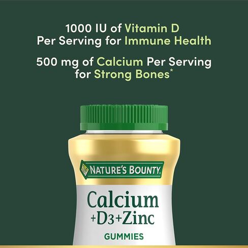 Nature's Bounty Calcium + D3 + Zency Gummies ، يدعم العظام والأسنان القوية بالإضافة إلى نظام مناعي صحي ، 500 ملغ ، بنكهة البرتقال والكرز ، 70 لعبة Gummies in Saudi Arabia