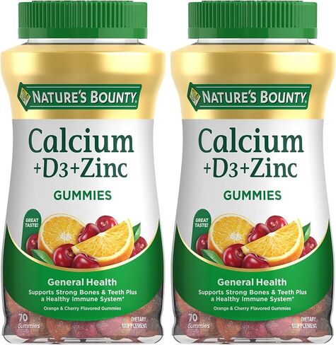 Nature's Bounty Calcium + D3 + Zency Gummies ، يدعم العظام والأسنان القوية بالإضافة إلى نظام مناعي صحي ، 500 ملغ ، بنكهة البرتقال والكرز ، 70 لعبة Gummies in Saudi Arabia