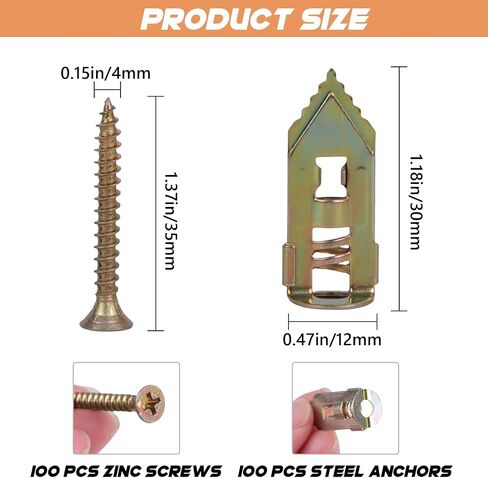 100PCS Self Drilling Drywall Anchors Screws Kit, 50 Anchors and 50 Screws for Heavy Duty, Upgraded Zinc Plated Steel,No Drill Needed,Perfect for TV, Bike, Shelf Straps, Cabinet & Fixing Curtains in Saudi Arabia