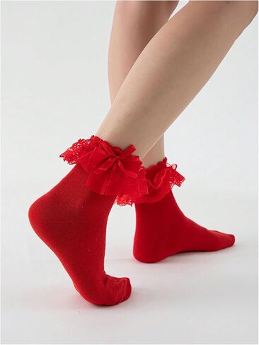 SHENHE Women's Kawaii Bow Socks Ruffle Frilly Above Ankle Socks Cute Holiday Socks in Kuwait
