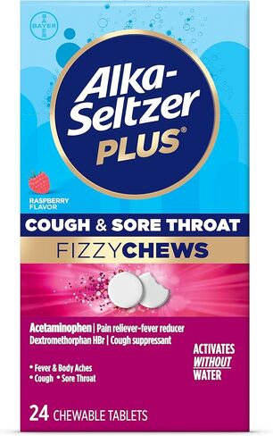 Alka-seltzer Plus Cough & Sore Throat Fizzy Chews, No Water Needed, On The Go Sore Throat Relief for Adults, Raspberry Flavor, 16 Count in Kuwait
