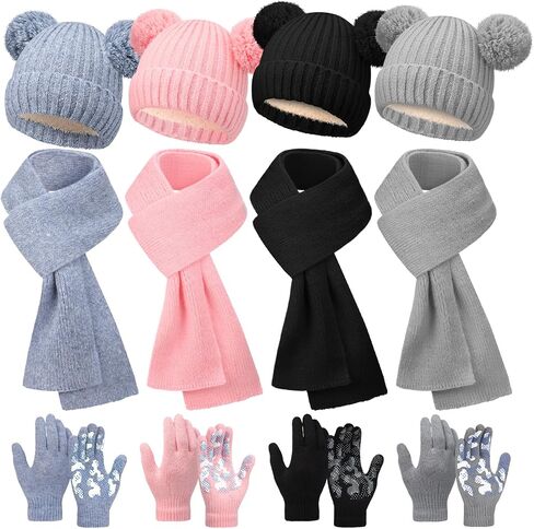 Geyoga 12 Pcs Kids Knitted Winter Hat Scarf Gloves Set for 5-8 Boys Girls Toddler Knit Pom Beanies Mittens Neck Warmer Gift in Saudi Arabia