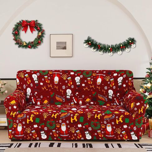 غطاء أريكة أحمر قابل للتمدد من Anibedding - غطاء مقعد على شكل غزال الرنة الذهبي لأريكة الأريكة ذات الوسادة، واقي أثاث كرسي عالمي مرن بطابع عيد الميلاد لديكور المنزل في عيد الميلاد (مقعد) in Saudi Arabia
