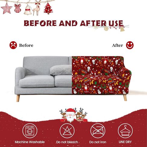 غطاء أريكة أحمر قابل للتمدد من Anibedding - غطاء مقعد على شكل غزال الرنة الذهبي لأريكة الأريكة ذات الوسادة، واقي أثاث كرسي عالمي مرن بطابع عيد الميلاد لديكور المنزل في عيد الميلاد (مقعد) in Saudi Arabia