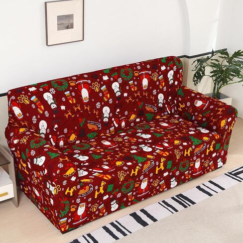 غطاء أريكة أحمر قابل للتمدد من Anibedding - غطاء مقعد على شكل غزال الرنة الذهبي لأريكة الأريكة ذات الوسادة، واقي أثاث كرسي عالمي مرن بطابع عيد الميلاد لديكور المنزل في عيد الميلاد (مقعد) in Saudi Arabia