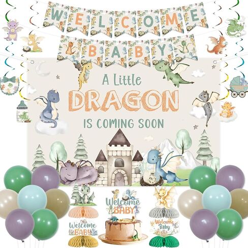 Dragon Baby Shower Decorations, Welcome Baby Shower Decorations Banner Cake Cupcake Toppers Balloons Backdrop for a Little Dragon Is On the Way Coming Soon Boy Girl Dragon Baby Shower in Kuwait