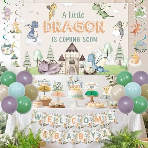 Dragon Baby Shower Decorations, Welcome Baby Shower Decorations Banner Cake Cupcake Toppers Balloons Backdrop for a Little Dragon Is On the Way Coming Soon Boy Girl Dragon Baby Shower in Kuwait