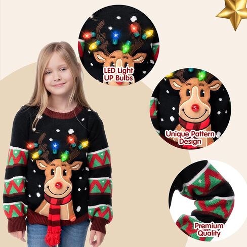 JOYIN Kid's Christmas Ugly Sweater LED Light Up Reindeer Xmas Sweater Built-in Light Bulbs for Boys Girls (Blue, Medium) in Saudi Arabia