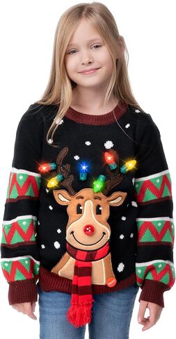 JOYIN Christmas Ugly Sweater for Kids with Light Bulb, Light Up Christmas Sweater for Christmas Party, Black Long Sleeve Xmas Pullover in Saudi Arabia