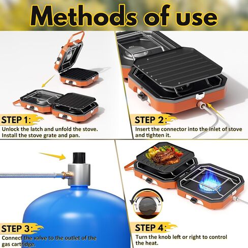 قابلة للتعديل 2 موقد بوبان الموقد مع 16000 وحدة حرارية بريطانية ، حماية Flameout ، مع شواية التخييم وحقيبة حمل ، موقد تخييم محمول للتخييم ، الشواء الخلفي ، الذيل (برتقالي) in Kuwait