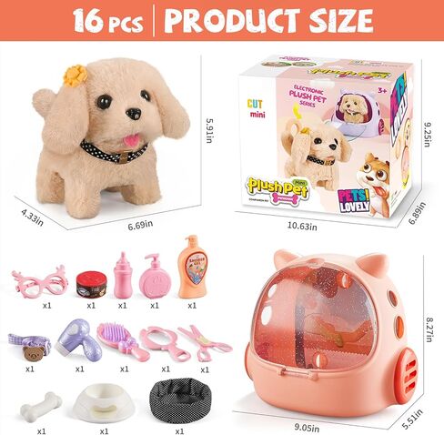 لعبة الكلب للأطفال، ألعاب محشوة قطيفة تفاعلية للكلاب التي تمشي وتنبح، 16 قطعة من مجموعة اللعب الإلكترونية لرعاية الحيوانات الأليفة مع حقيبة ظهر، ألعاب العريس والأعلاف، هدايا للفتيات 3-5 5-7 6-8 8-12 in Kuwait