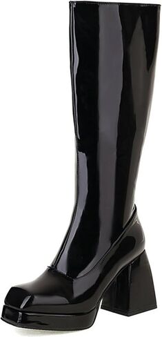 SOVANYOU Black Leather Boots Platform Boots for Women Fashion Square Toe Chunky Block Heeled Boots Side Zip in Saudi Arabia