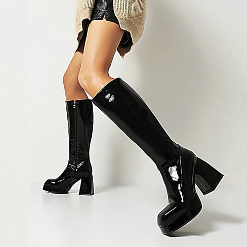 SOVANYOU Black Leather Boots Platform Boots for Women Fashion Square Toe Chunky Block Heeled Boots Side Zip in Saudi Arabia